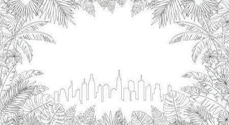 Frame with palm leaves and city skyline. Hand drawn vector illustration.のイラスト素材