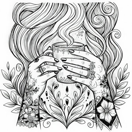 Tattoo art, sketch of a beautiful woman with a cup of coffeeのイラスト素材