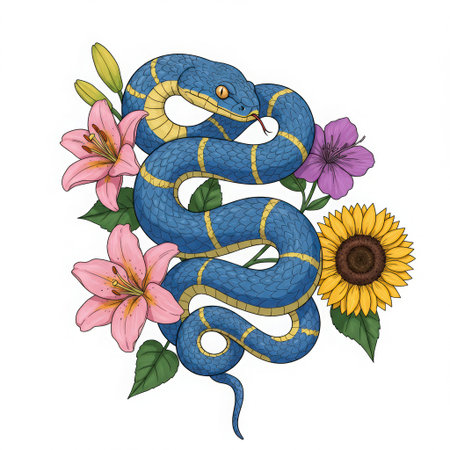 Illustration of a snake with flowers and leaves on a white backgroundのイラスト素材