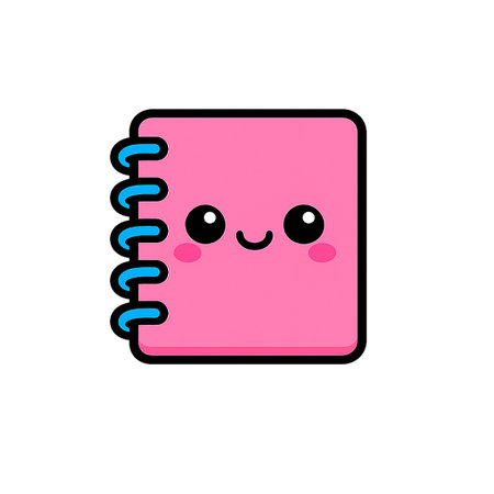 A cute pink spiral notebook shows a happy face.のイラスト素材