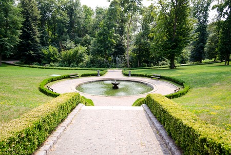 The fountain in the park and a background of green field and summer treesの写真素材