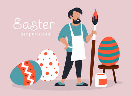 Easter holiday. A man with a brush and an apron paints Easter eggs. Easter preparation. vector...
