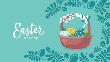 Easter holiday. Easter basket with colored eggs. advertising banner. vector image.のイラスト素材
