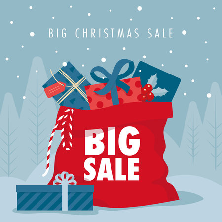 A bag with gifts. Christmas sale illustration. Background for the poster of the store. winter sale.のイラスト素材
