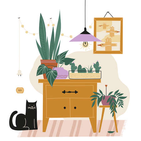 houseplants. Cozy interior. Room interior with furniture and flowers. vector image.のイラスト素材