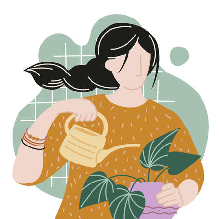 houseplants. Girl watering indoor flowers from a watering can. vector image.のイラスト素材