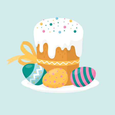Easter holiday. Easter cake and colored eggs on a plate. vector image.