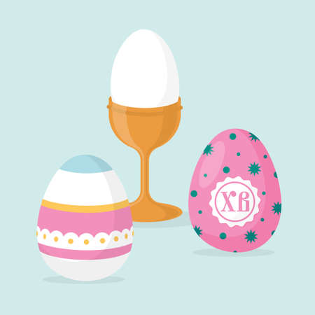 Easter holiday. Painted Easter eggs and an egg in a stand. vector image.のイラスト素材