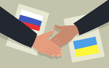 Conclusion dogora, greeting. Handshake of two people. Sheets of paper with the image of the flags of Russia and Ukraine. vector image.のイラスト素材