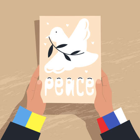 Peace between Russia and Ukraine. Hands hold a leaf with the image of a dove of peace. vector image.のイラスト素材