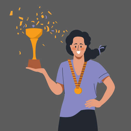 Winners. Woman with victory cup and medal. The girl rejoices in the victory. vector image.のイラスト素材