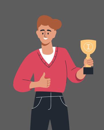 Winners. A man with a victory cup. The guy rejoices in the victory. vector image.のイラスト素材