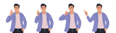 people. A man with different emotions and gestures. presentation. Set of vector images.のイラスト素材