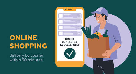 People and shopping. A man with a grocery bag. mobile phone. Buying groceries online, delivery by courier. vector image.のイラスト素材