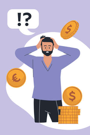 people and business. The man grabbed his head, problem. Coins, money. infographics, presentation. vector image.のイラスト素材