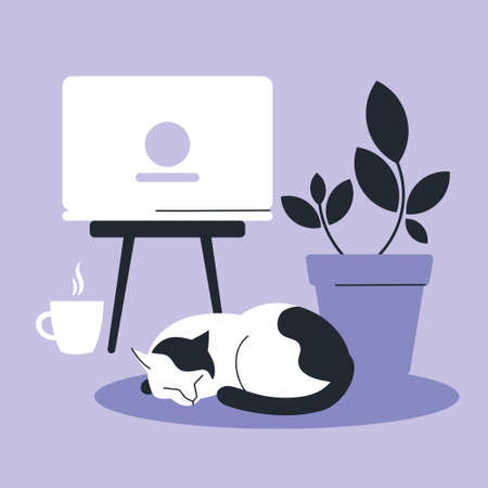 Cozy interior. Work at home. Laptop, cat, indoor plant. vector image.のイラスト素材