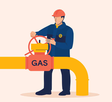 gas supplies. sanctions. A male worker turns a valve on a gas pipeline. vector image.のイラスト素材