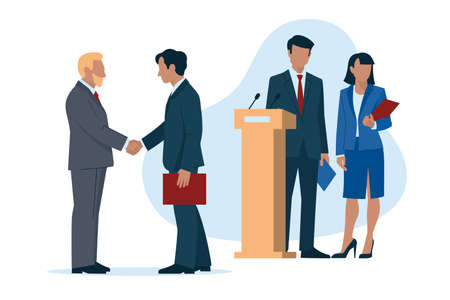 business people. Man and woman in business suits with a folder. Public speaking from the podium. Men greet each other with a handshake. official event. vector image.のイラスト素材
