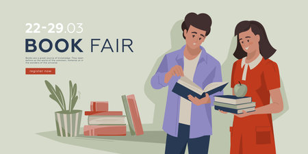 Guy and girl with books. Banner on the book theme. Love for reading. vector image.のイラスト素材