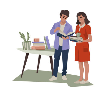 Guy and girl with books. Illustration on the book theme. Love for reading. vector image.のイラスト素材