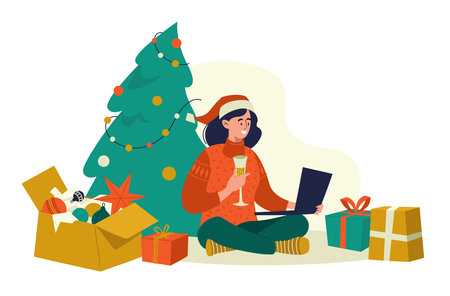 Christmas atmosphere. A girl with a laptop sits near the Christmas tree. Congratulations online. Concept. Vector image.のイラスト素材