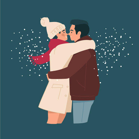 The lovers embrace and kiss. Man and woman in winter clothes. Romance. people under the snow. vector image.のイラスト素材