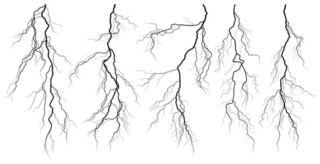 Set of silhouettes of thunderstorm lightning isolated on white 