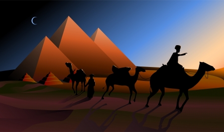 Bedouin caravan camels against over pyramids in twilight のイラスト素材