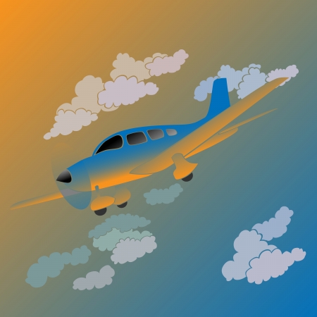 Vector illustration of cartoon small private plane in sunset.のイラスト素材