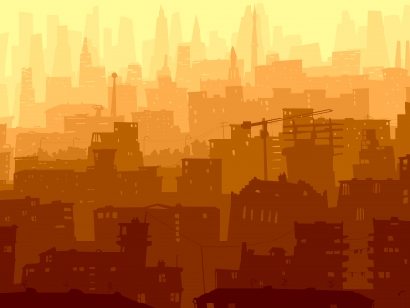 Vector abstract background of big city with roofs, windows and skyscrapers in sunset.のイラスト素材