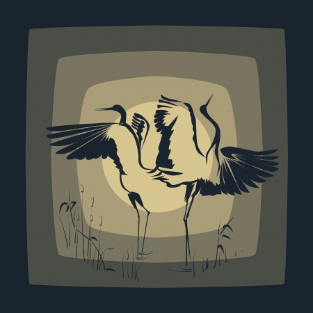 Dancing Crane(Symbol of prosper) against the Moon.のイラスト素材