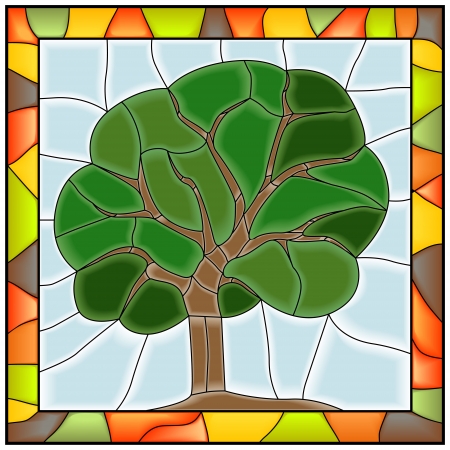  Vector of green tree in stained-glass window.のイラスト素材