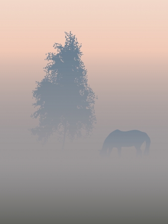 Landscape  A tree and a horse in a morning fog のイラスト素材