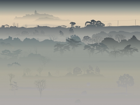 Valley with trees in a morning fog のイラスト素材