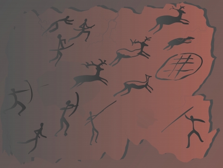 Rock painting of hunters on deer.のイラスト素材