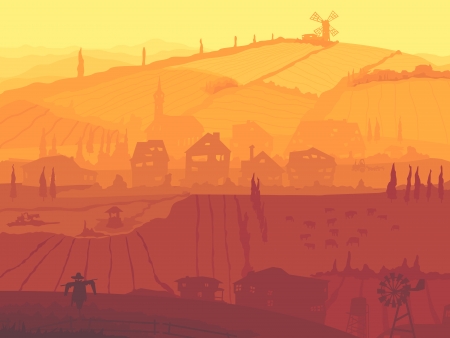 abstract background country view of village with fields in sunset.のイラスト素材