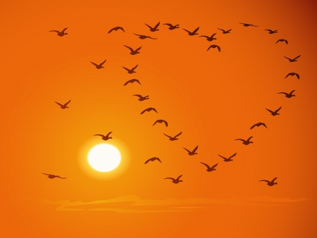 Silhouettes of flying flock birds (in shape of heart) against a sunset and the orange sky.