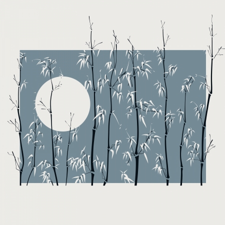 Square illustration with many bamboo plants with Moon in asian style in wide light frame.のイラスト素材