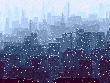 Vector abstract illustration of big city with snowy roofs, windows and skyscrapers in winter.のイラスト素材