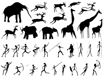 Set of pictures of people and animals in the prehistoric period (petroglyphic painting).のイラスト素材