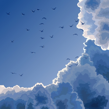  illustration: flock of birds on background of blue sky with large clouds.のイラスト素材