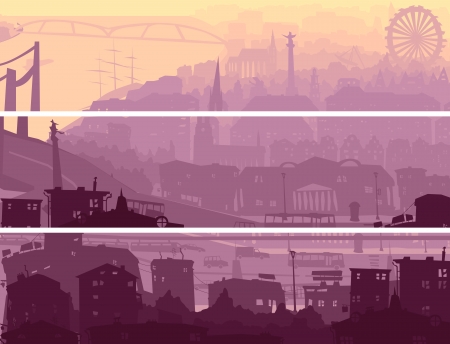  abstract horizontal banner: downtown of city on river in morning mist.のイラスト素材