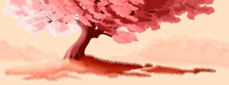 Vector horizontal illustration of a blossoming tree (sakura) with grass in pink tone.のイラスト素材