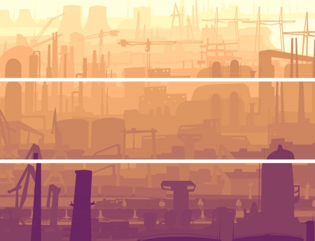 Vector abstract horizontal banner: industrial part of city with mills, factories, chimneys in the morning.のイラスト素材
