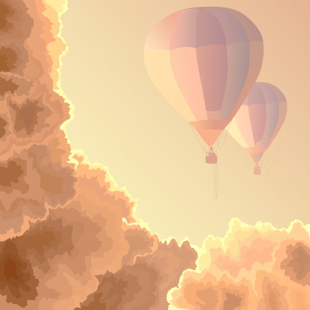 Vector square illustration: two air balloons among clouds in the morning.のイラスト素材