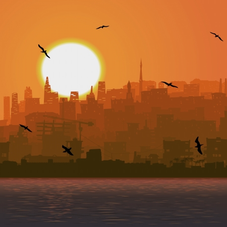 Vector square illustration: city by the sea with cost and bird at sunset.のイラスト素材