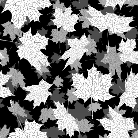 seamless black and white background: a lot of falling autumn maple leaves in air.のイラスト素材