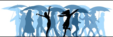 Horizontal vector illustration crowd of unknown people coming in the rain with umbrellas.のイラスト素材