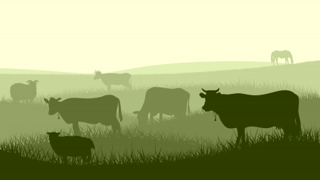 Horizontal illustration silhouettes of grazing animals (cow, horse, sheep) in the meadows.のイラスト素材