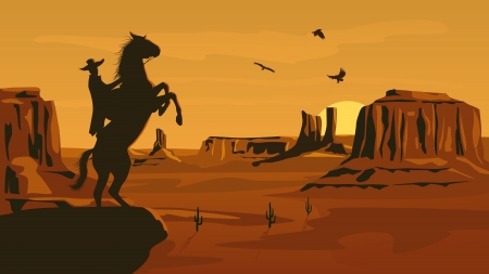 Horizontal cartoon illustration of prairie wild west with cacti and hero of the wild West leaves in decline.のイラスト素材